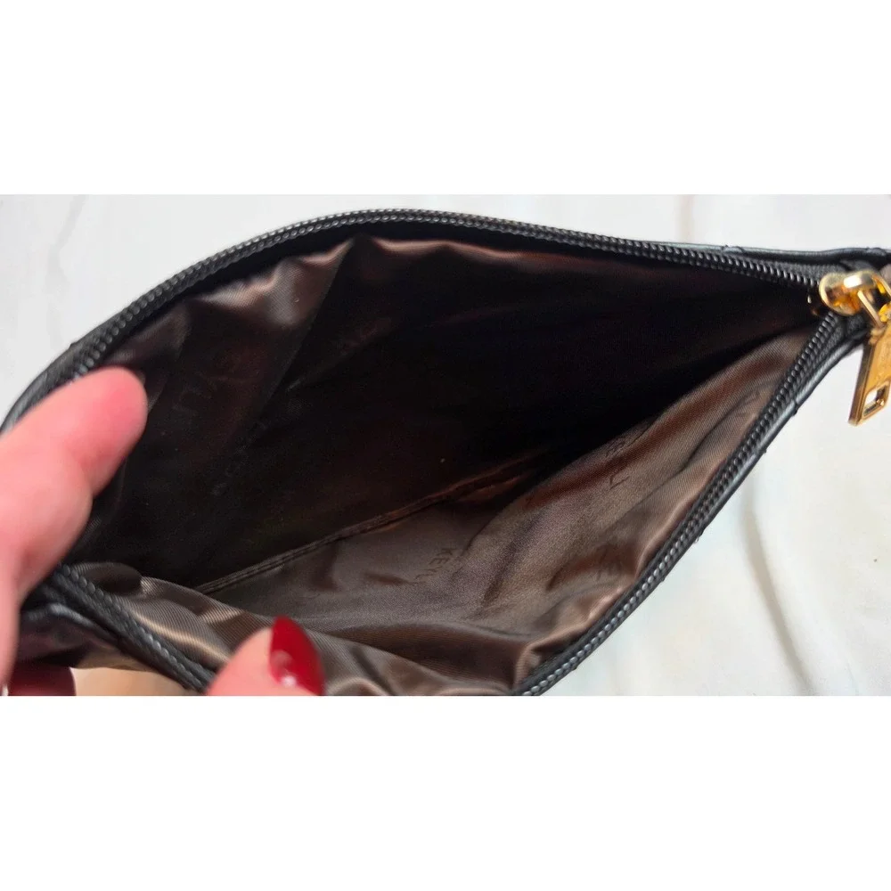 MURval Paris Black Quilted Wristlet Clutch Pouch Gold Tone Hardware Bag
